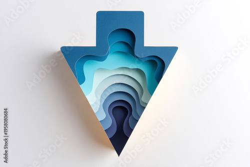 Layered paper cut downward arrow icon, financial decline and loss concept