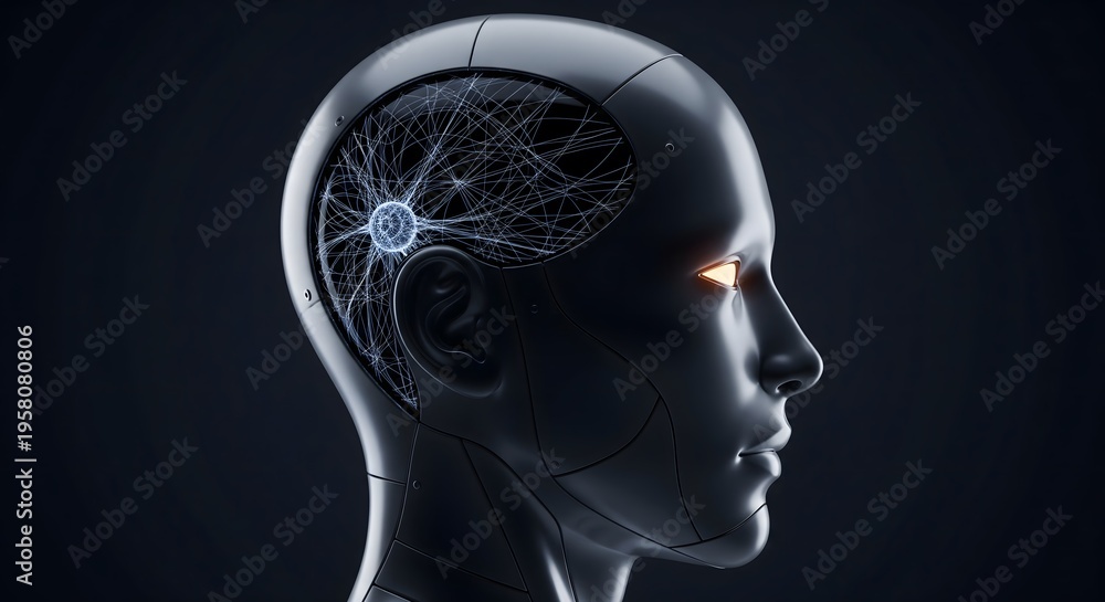 Fototapeta premium Artificial intelligence concept with a robotic head and glowing neural network.