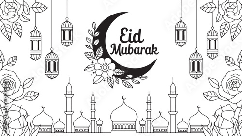 Eid Mubarak greeting card with mosque and lanterns on white background