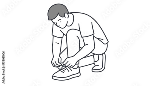 Man tying shoe laces in a squatting position illustration vector