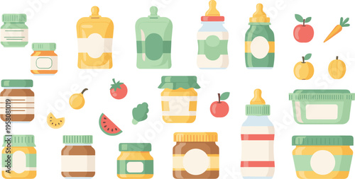 Baby food jars and puree pouches set with fruits and vegetables cartoon vector illustration