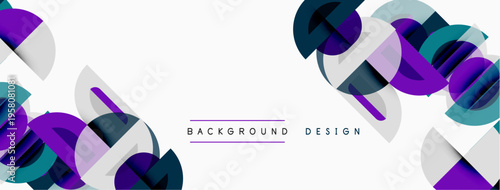 Abstract geometric shapes overlap, creating dynamic visual pattern. Purple, teal, gray hues dominate design. Minimalist text present.