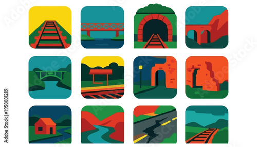 Road and train transportation icons in colorful illustration style