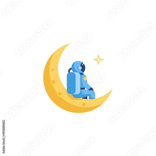 Astronaut sitting on crescent moon.