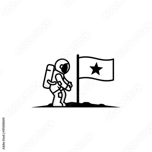 Astronaut standing next to flag.