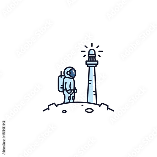Astronaut standing next to lighthouse.