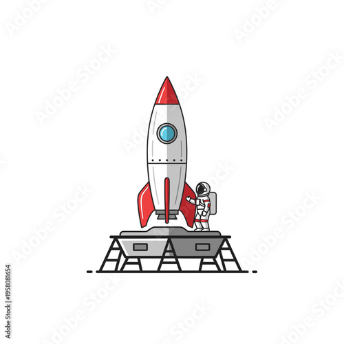 Astronaut standing next to rocket.