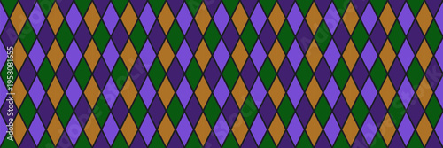 Stained glass pattern. Harlequin retro background. Circus seamless print with rhombus. Clown carnival bg