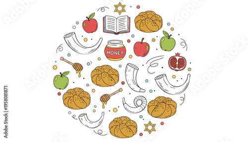 Rosh Hashanah vector illustration with traditional Jewish symbols and foods