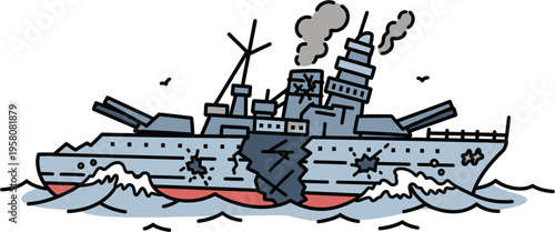 A cartoon illustration of a damaged battleship with a large crack in its hull, bullet holes, and smoke billowing from its funnels, sailing on wavy water.