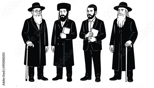 Rabbi men in traditional Jewish clothing standing together in a row