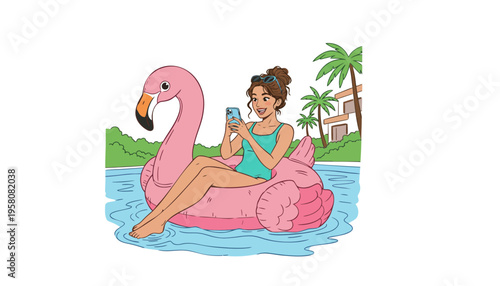 Flamingo inflatable woman relaxing on a pink float in tropical water