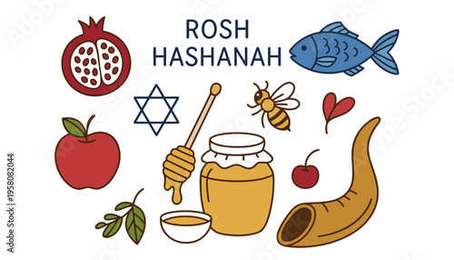 Rosh Hashanah Jewish holiday vector illustration with traditional symbols