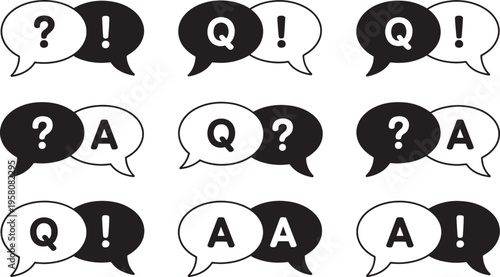 Black and white speech bubbles with questions and answers