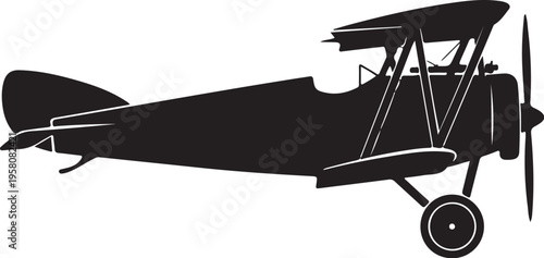 Vector vintage biplane silhouette, black airplane icon