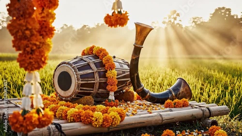Festive bihu instruments with marigold garlands on bamboo in a green paddy field for rongali bihu.