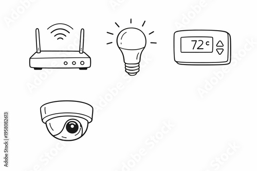 Smart home devices: wi-fi router, smart bulb, thermostat, and security camera