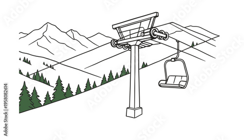 Ski lift icon illustration with mountain peak and snow covered trees