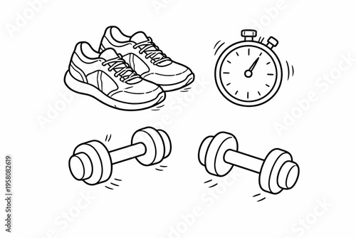 Fitness essentials: sneakers, stopwatch, and dumbbells for effective workouts