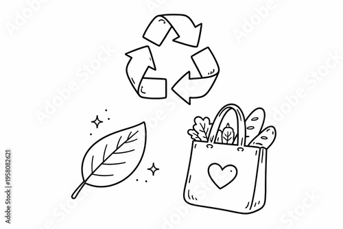 Eco-friendly symbols: recycle sign, leaf, and reusable bag illustration