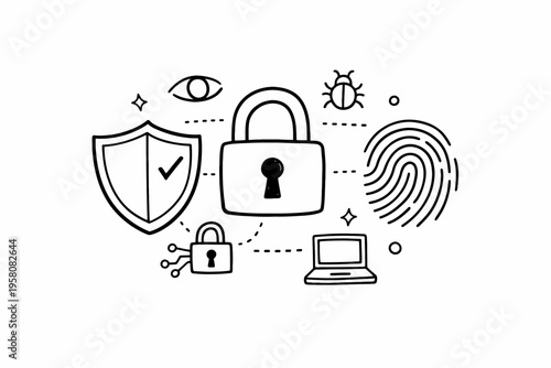 Cybersecurity symbols: lock, shield, fingerprint, eye, bug, laptop icons