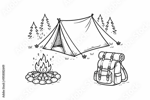 Hand-drawn camping scene with tent, campfire, and backpack in forest setting