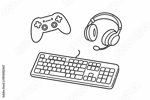 Gaming setup: game controller, headset, and keyboard line art illustration