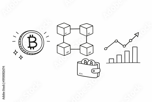 Hand-drawn bitcoin concept with blockchain, wallet, and growth chart illustrations