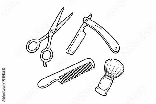 Barber tools illustration: scissors, razor, comb, shaving brush for haircare