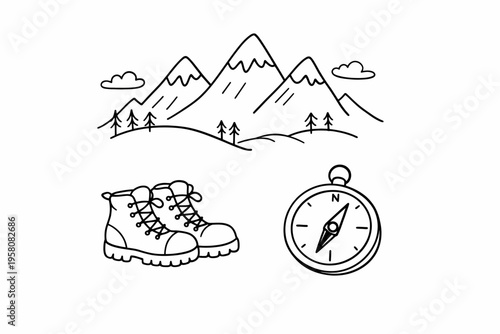 Mountain landscape with hiking boots and compass outline illustration