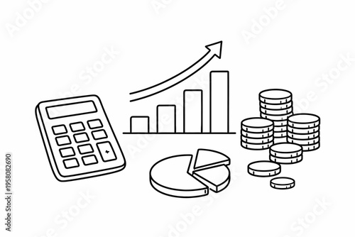 Financial growth illustration with calculator, graphs, coins and charts