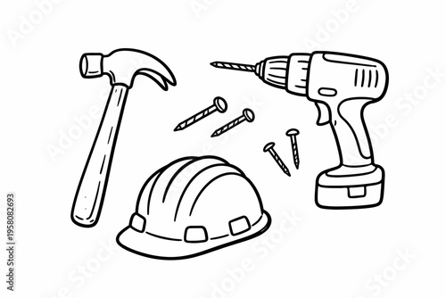 Hand tools and safety helmet with hammer and drill for construction projects