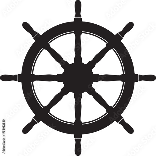 Vector ship wheel icon, black nautical steering wheel