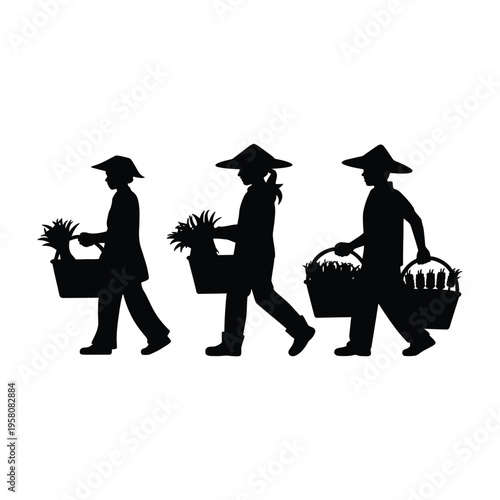Three farmers walking in a line carrying baskets of plants