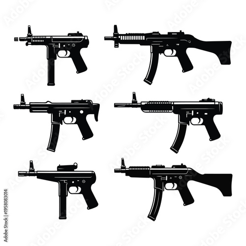 A collection of various handguns and rifles on display