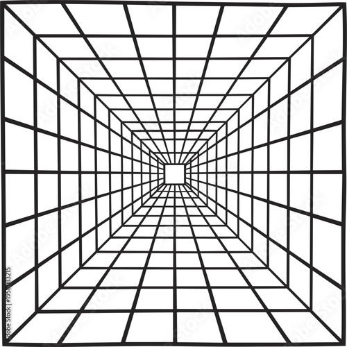 Vanishing point perspective grid vector, black wireframe tunnel with 3D geometric square room effect