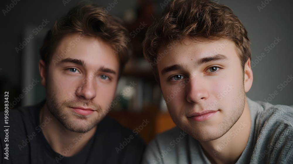 Obraz premium Two young men friends pose for a close up portrait in a home setting with soft lighting