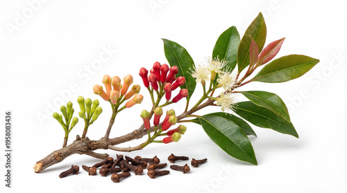 Clove branch with white flower, bud, leaf and dried spice isolated on white background.