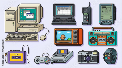 Retro Electronic Devices Collection Old School Tech Computer TV Phone Vector