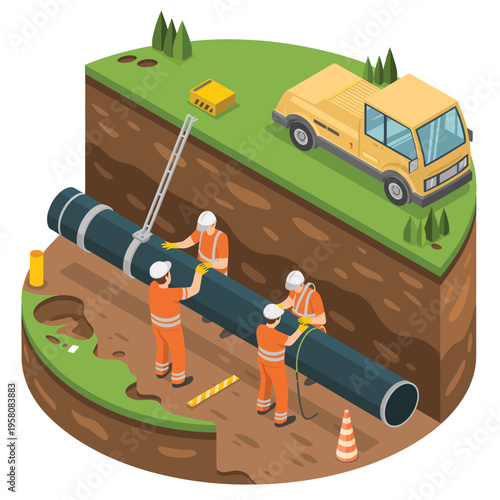 Workers in orange uniforms installing a large pipe underground
