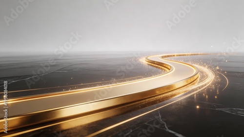 Futuristic golden curved pathway on dark marble surface, symbolizing digital innovation and business growth trajectory
