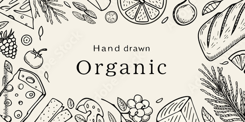 Hand drawn organic food illustration with fruits bread and cheese elements