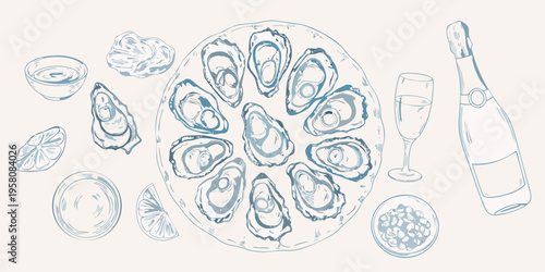 A blue line drawing depicts oysters champagne and accompanying garnishes
