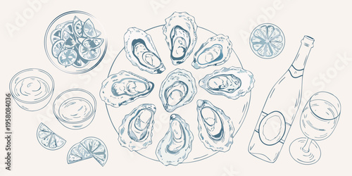 A culinary illustration of oysters wine and lemon on a table