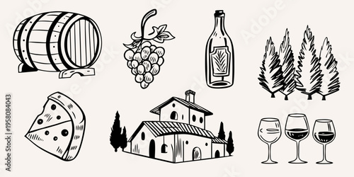 A charming sketch featuring wine cheese and a picturesque vineyard scene