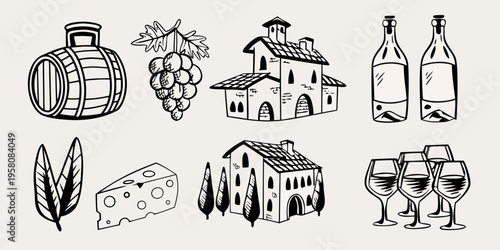 Vintage wine and cheese illustration with buildings and vineyard elements