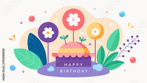 Happy Birthday Floral Cake Illustration with Modern Botanical Design