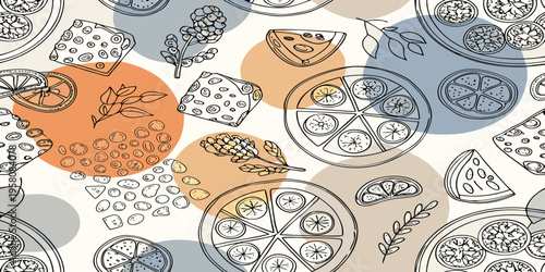A colorful patterned arrangement of cheese fruit and floral illustrations