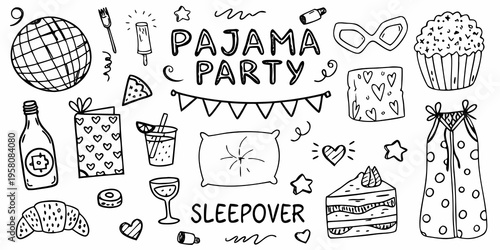 Whimsical hand drawn illustrations depicting a fun pajama party and sleepover