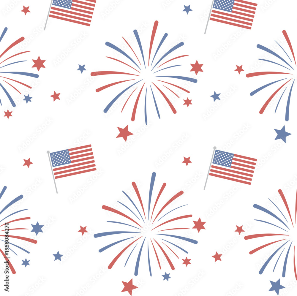 Fototapeta premium Patriotic seamless pattern vector, 4th of July background with American flags, fireworks, and stars